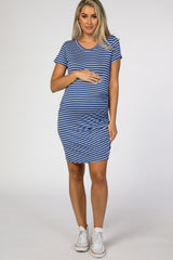 Blue Striped Wrap Maternity T-Shirt Dress