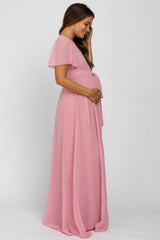 Pink Chiffon Short Sleeve Maternity Maxi Dress