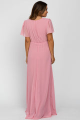 Pink Chiffon Short Sleeve Maternity Maxi Dress