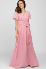 Pink Chiffon Short Sleeve Maternity Maxi Dress