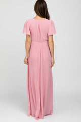 Pink Chiffon Short Sleeve Maxi Dress