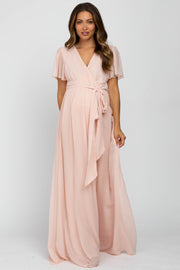 Light Pink Chiffon Short Sleeve Maternity Maxi Dress