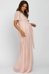 Light Pink Chiffon Short Sleeve Maternity Maxi Dress