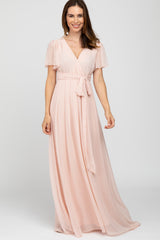 Light Pink Chiffon Short Sleeve Maternity Maxi Dress