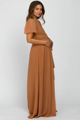 Camel Chiffon Short Sleeve Maternity Maxi Dress