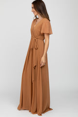 Camel Chiffon Short Sleeve Maxi Dress