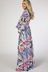 Blue Chiffon Stripe Print Maternity Maxi Dress