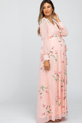 Peach Chiffon Long Sleeve Pleated Maternity Maxi Dress