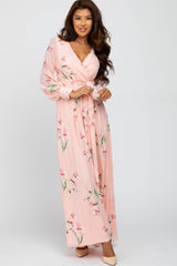 Peach Chiffon Long Sleeve Pleated Maternity Maxi Dress