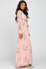 Peach Chiffon Long Sleeve Pleated Maxi Dress