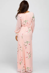 Peach Chiffon Long Sleeve Pleated Maxi Dress