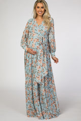 Blue Floral Chiffon Maternity Maxi Dress