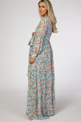 Blue Floral Chiffon Maternity Maxi Dress