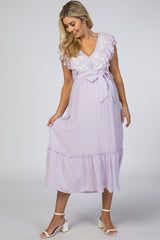 Lavender Embroidered Waist Tie Ruffle Maternity Midi Dress