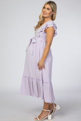 Lavender Embroidered Waist Tie Ruffle Maternity Midi Dress