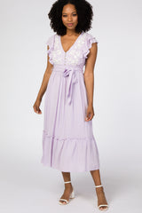 Lavender Embroidered Waist Tie Ruffle Midi Dress