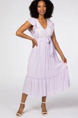 Lavender Embroidered Waist Tie Ruffle Maternity Midi Dress