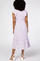 Lavender Embroidered Waist Tie Ruffle Midi Dress