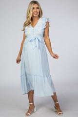 Light Blue Embroidered Waist Tie Ruffle Maternity Midi Dress