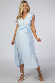 Light Blue Embroidered Waist Tie Ruffle Maternity Midi Dress