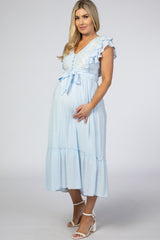 Light Blue Embroidered Waist Tie Ruffle Maternity Midi Dress