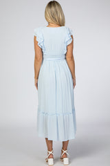 Light Blue Embroidered Waist Tie Ruffle Maternity Midi Dress