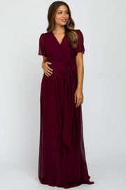 Burgundy Chiffon Short Sleeve Maternity Maxi Dress