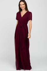 Burgundy Chiffon Short Sleeve Maternity Maxi Dress