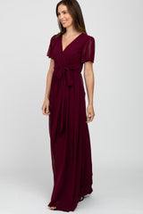 Burgundy Chiffon Short Sleeve Maxi Dress