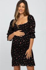 Black Little Floral Smocked Maternity Mini Dress