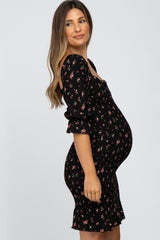 Black Little Floral Smocked Maternity Mini Dress