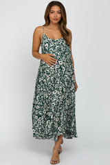 Green Floral Sleeveless Pleated Maternity Maxi Dress