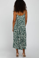 Green Floral Sleeveless Pleated Maxi Dress