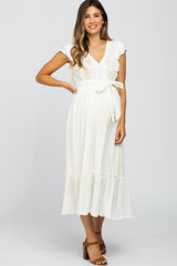 Cream Embroidered Waist Tie Ruffle Maternity Midi Dress