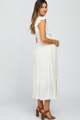 Cream Embroidered Waist Tie Ruffle Maternity Midi Dress