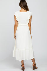 Cream Embroidered Waist Tie Ruffle Maternity Midi Dress