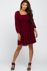 Burgundy Textured Dot Smocked Square Neck Chiffon Dress