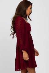 Burgundy Textured Dot Smocked Square Neck Chiffon Dress