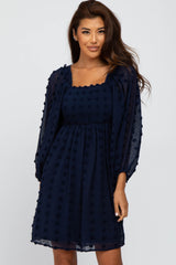 Navy Textured Dot Smocked Square Neck Chiffon Dress