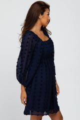 Navy Textured Dot Smocked Square Neck Chiffon Dress