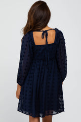 Navy Textured Dot Smocked Square Neck Chiffon Dress