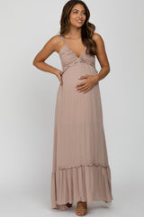 Taupe Sleeveless Pleated V-Neck Ruffle Trim Maternity Maxi Dress