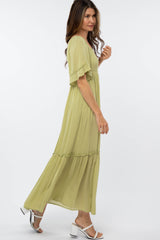 Green Smocked Square Neck Ruffle Hem Maxi Dress