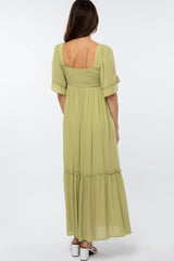 Green Smocked Square Neck Ruffle Hem Maxi Dress