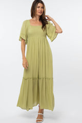 Green Smocked Square Neck Ruffle Hem Maxi Dress