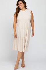 Beige Ribbed Sleeveless Plus Maternity Midi Dress