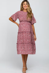 Mauve Floral Smocked Tiered Maternity Midi Dress