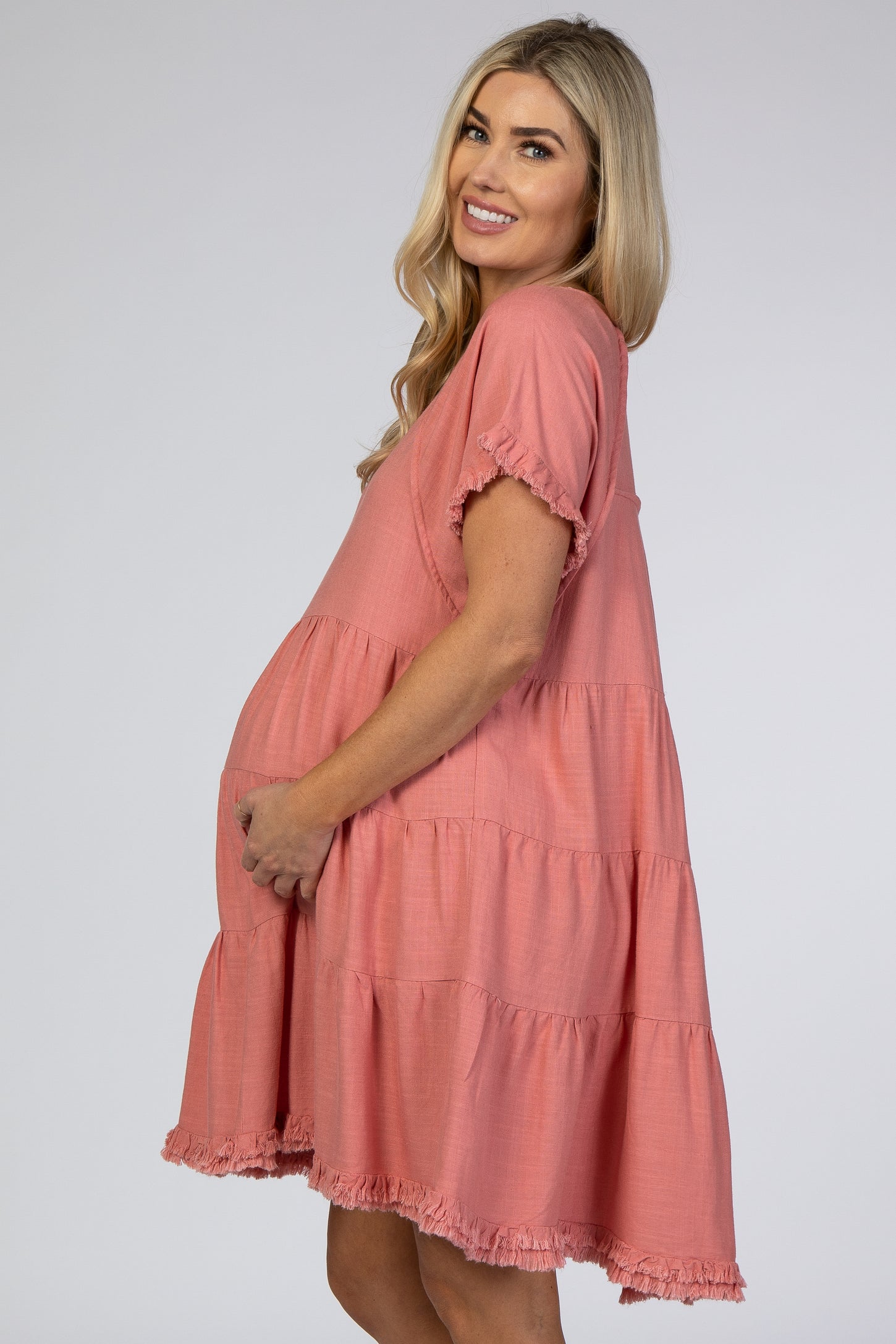 Mauve Pleated Tier Fringe Trim Maternity Dress