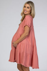 Mauve Pleated Tier Fringe Trim Maternity Dress