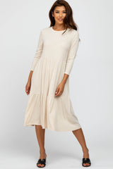 Beige Tiered Ribbed 3/4 Sleeve Midi Dress